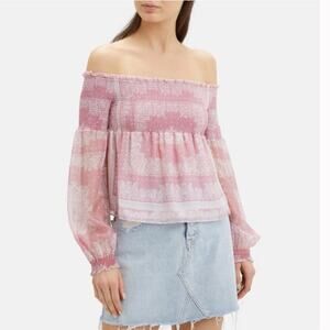 INTERMIX Silk Penelope Paisley Off-The-Shoulder smocked long sleeve Top small